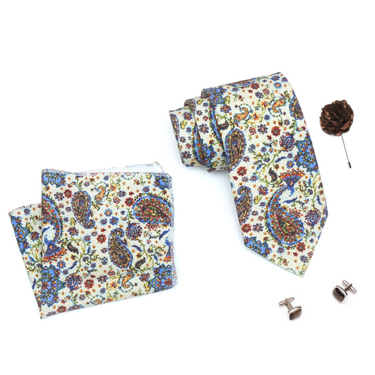 RIZORO Mens Plaid Boho Printed Silk Necktie Gift Set With Pocket Square Cufflinks & Brooch Pin Formal Tie With Leatherite Box (BOHORX Free Size) | (Leather Gift Box) (Pack of 4)