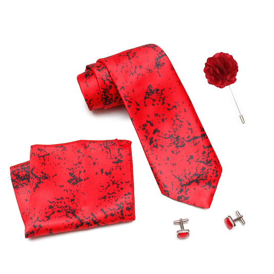 Axlon Men Formal/Casual Printed Satin Neck Tie Pocket Square Gift Set with Cufflinks and Brooch Pin - Red (Free Size, ltr_817)