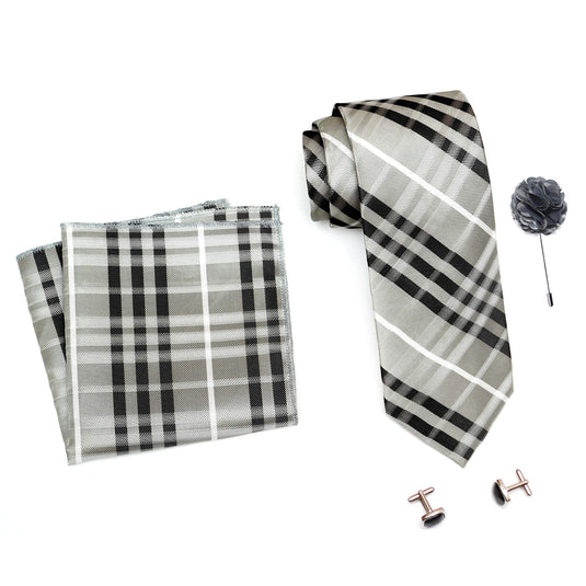 RIZORO Mens Plaid Checkered Silk Necktie Tie Gift Set With Pocket Square, Cufflinks & Brooch Pin Formal Tie With Leatherite Box (BURRB, Free Size)