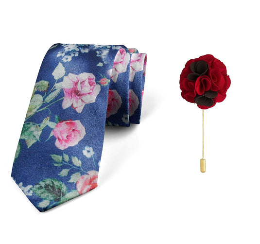 AXLON Men's Micro Polyester Floral Necktie Set with Pocket Square and Brooch Pin (Blue ,Free Size)