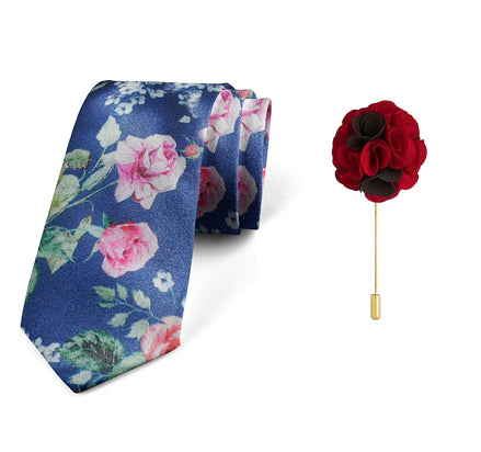 Axlon Men's Micro Polyester Floral Necktie Set with Pocket Square and Brooch Pin (Blue ,Free Size)