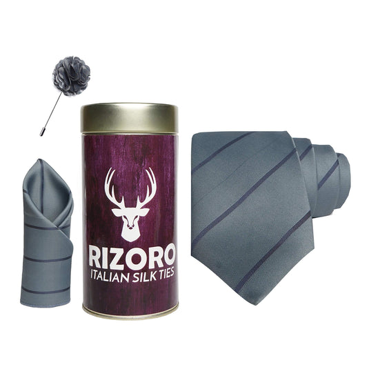 RIZORO Mens Plaid Stripped Silk Necktie Gift Set With Pocket Square & Brooch Pin Formal Tie Combo (S2RT, Free Size)