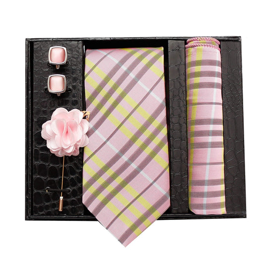 AXLON Formal/Casual Printed Polyester Necktie Set with Pocket Square, Brooch Pin and Cufflinks for Men (Free Size, Pink)