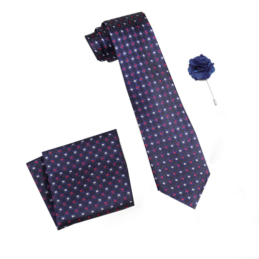 RIZORO Mens Plaid Dotted Silk Necktie Tie Gift Set With Pocket Square & Brooch Pin Formal Tie Set (M2BGRS, Free Size)