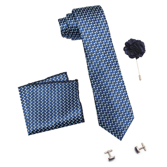 AXLON Men's Micro Polyester Casual Formal Printed Necktie Set with Pocket Square, Brooch Pin and Cufflinks in Wooden Box (Blue, Free Size)