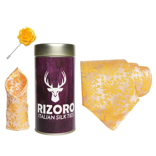 RIZORO Mens Plaid Pasiley Silk Necktie Gift Set With Pocket Square & Brooch Pin Formal Tie Combo (PUNRT, Free Size)