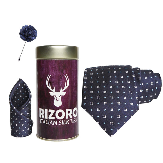 RIZORO Mens Plaid Dotted Silk Necktie Gift Set With Pocket Square & Brooch Pin Formal Tie Combo (4D1RT, Free Size)