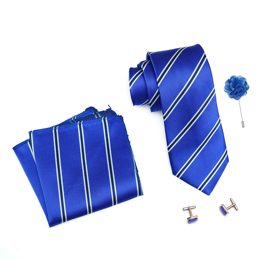 RIZORO Mens Plaid Stripped Silk Necktie Tie Gift Set With Pocket Square, Cufflinks & Brooch Pin Formal Tie With Leatherite Box (STRIPM3RB, Free Size)