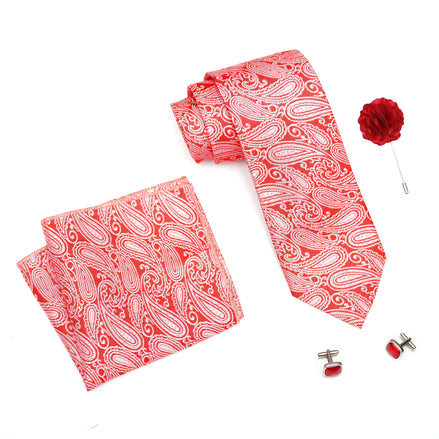 AXLON Mens Plaid Pasiley Silk Necktie Gift Set With Pocket Square Cufflinks & Brooch Pin Tie For Men Formal With Leatherite Box (AMBI5RX Free Size) | (Leather Gift Box) (Pack of 4)