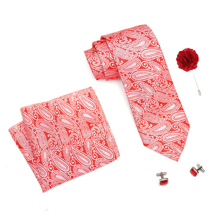 RIZORO Mens Plaid Paisley Silk Necktie Gift Set With Pocket Square Cufflinks & Brooch Pin Formal Tie With Leatherite Box (Pink AMBI5PKRX Free Size)