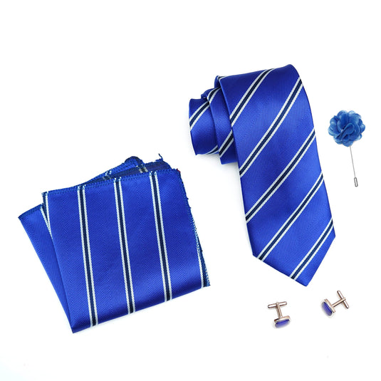 AXLON Mens Plaid Stripped Silk Necktie Gift Set With Pocket Square Cufflinks & Brooch Pin Tie For Men Formal With Leatherite Box (STRIPM3RX Free Size) | (Leather Gift Box) (Pack of 4)