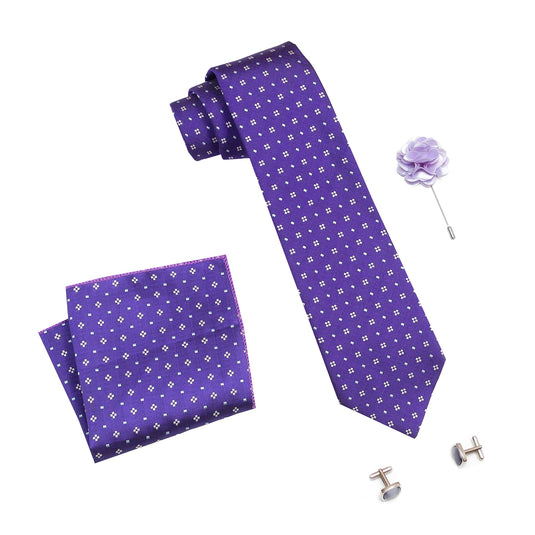 RIZORO Mens Plaid Dotted Silk Necktie Tie Gift Set With Pocket Square, Cufflinks & Brooch Pin Formal Tie With Leatherite Box (4D1RB, Free Size)