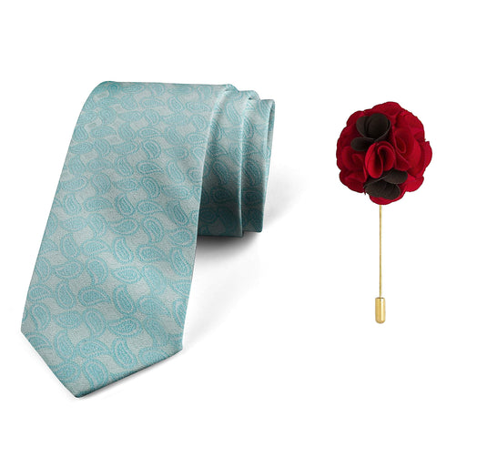 AXLON Men's Micro Polyester Paisley Necktie Set with Pocket Square and Brooch Pin (Sky Blue, Free Size)