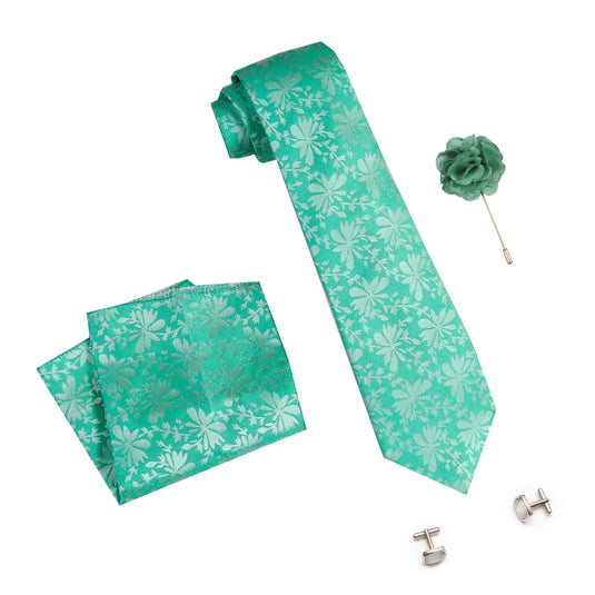 AXLON Men's Micro Polyester Casual Formal Floral Printed Necktie Set with Pocket Square, Brooch Pin and Cufflinks (Free Size)