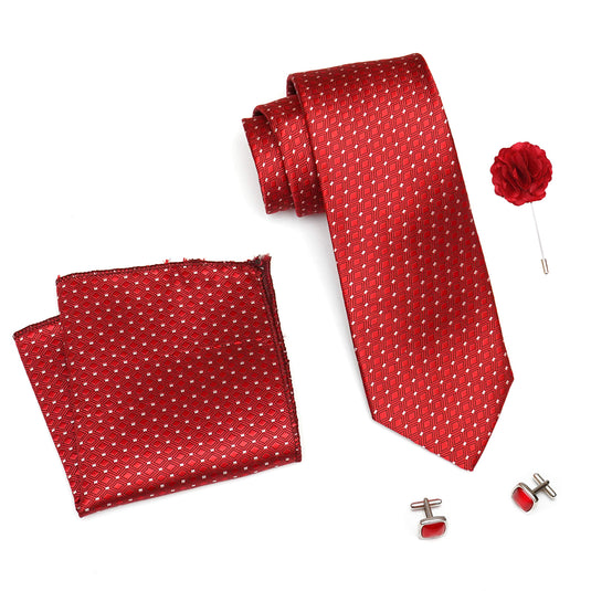 RIZORO Mens Plaid Dotted Silk Necktie Tie Gift Set With Pocket Square, Cufflinks & Brooch Pin Formal Tie With Leatherite Box (A13RB, Free Size)