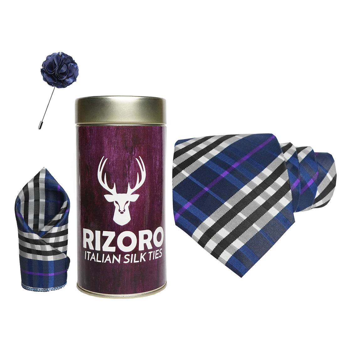 RIZORO Mens Plaid Checkered Silk Necktie Gift Set With Pocket Square & Brooch Pin Formal Tie Combo (BURRT, Free Size)