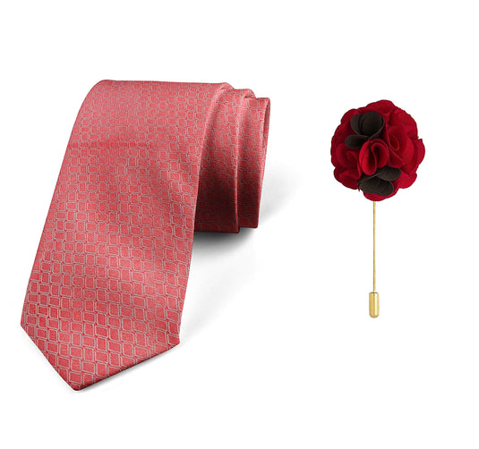 AXLON Men's Micro Polyester Necktie Set with Pocket Square and Brooch Pin (Pink , Free Size)