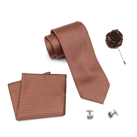 Axlon Men Formal/Casual Weaved Polyester Neck Tie Pocket Square Accessory Gift Set with Cufflinks and Brooch Pin - Brown (Free Size, ltr_833)