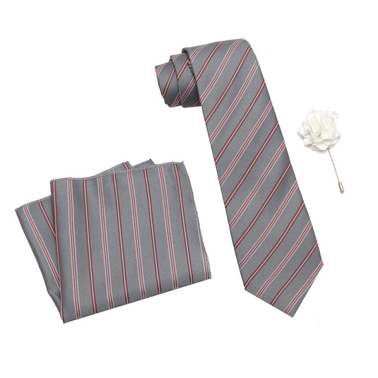 RIZORO Mens Plaid Stripped Silk Necktie Tie Gift Set With Pocket Square & Brooch Pin Formal Tie Set (S6RS, Free Size)