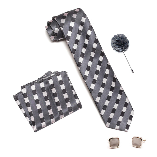 RIZORO Mens Plaid Stripped Silk Necktie Tie Gift Set With Pocket Square, Cufflinks & Brooch Pin Formal Tie With Leatherite Box (STRIPM1RB, Free Size)