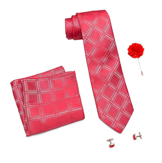 AXLON Formal/Casual Printed Polyester Necktie Set with Pocket Square, Brooch Pin and Cufflinks for Men (Free Size, Pink)