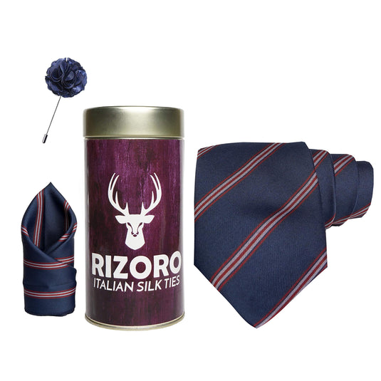 RIZORO Mens Plaid Stripped Silk Necktie Gift Set With Pocket Square & Brooch Pin Formal Tie Combo (S6RT, Free Size)