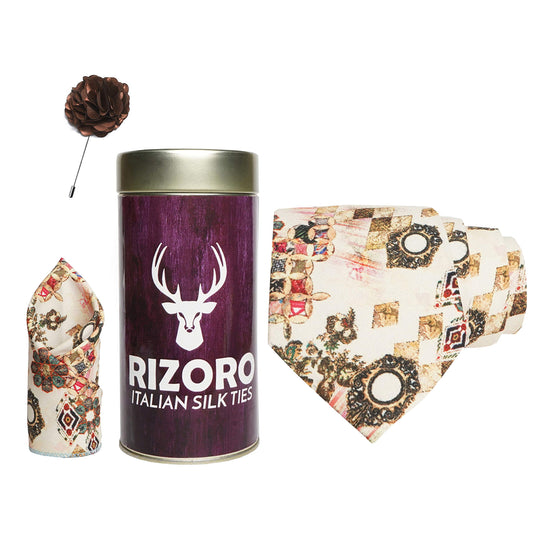 RIZORO Mens Plaid Boho Printed Silk Necktie Gift Set With Pocket Square & Brooch Pin Formal Tie Combo (Multi-Coloured 7, BOHOM7RT, Free Size)