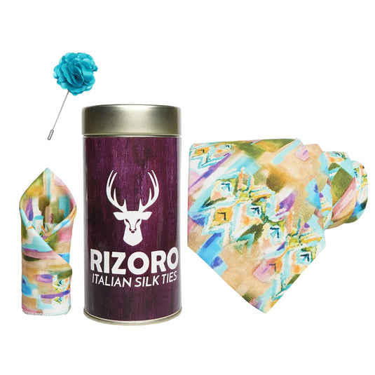 RIZORO Mens Plaid Boho Printed Silk Necktie Gift Set With Pocket Square & Brooch Pin Formal Tie Combo (Multi-Coloured 15, BOHOM15RT, Free Size)