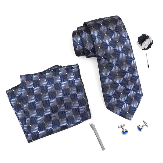 RIZORO Mens Plaid Micro Self Silk Floral Blue Necktie Gift Set With Pocket Square Cufflinks Brooch Pin Men Tie Clip Formal Tie With Wooden Box For Gifting (RW_14, Free Size)