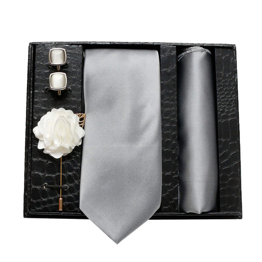 Axlon Men Formal/Casual Micro Silk Neck Tie Pocket Square Accessory Gift Set with Cufflinks and Brooch Pin