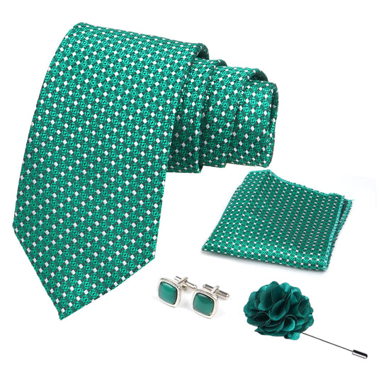 AXLON Mens Plaid Micro Self Silk Necktie Gift Set With Pocket Square Cufflinks & Brooch Pin Formal Tie With Box (SLKP_12, Green)