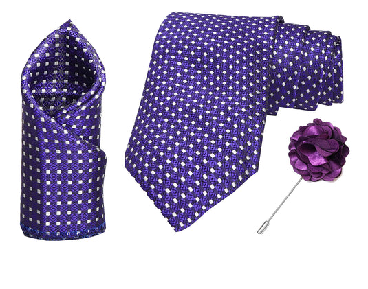 RIZORO Mens Plaid Dotted Silk Necktie Tie Gift Set With Pocket Square & Brooch Pin Formal Tie Set (A11RS, Free Size)