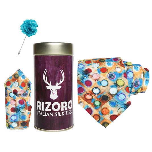 RIZORO Mens Plaid Boho Printed Silk Necktie Gift Set With Pocket Square & Brooch Pin Formal Tie Combo (Multi-Coloured 4, BOHOM4RT, Free Size)