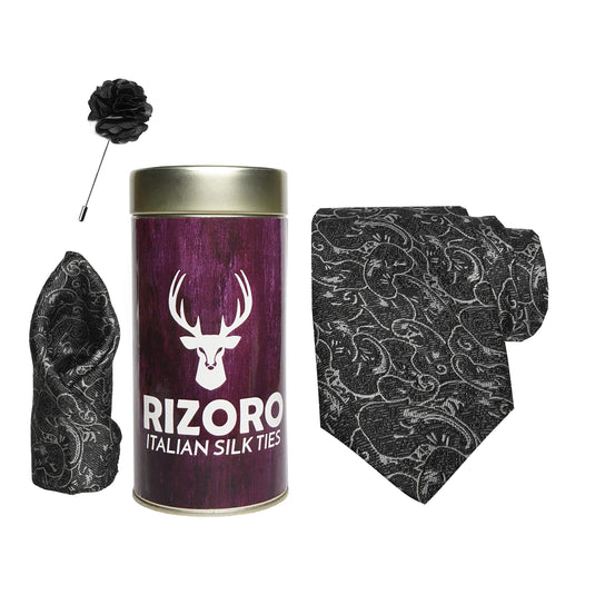 RIZORO Mens Plaid Pasiley Silk Necktie Gift Set With Pocket Square & Brooch Pin Formal Tie Combo (PARRT, Free Size)