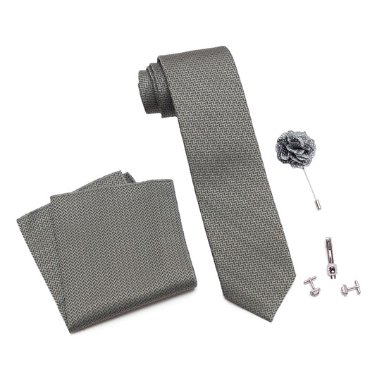 Axlon Men's Micro Polyester Necktie Set with Pocket Square, Brooch Pin and Cufflinks Gift Box (Matte Grey, Free Size)