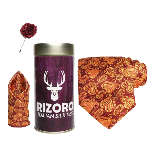 RIZORO Mens Plaid Pasiley Silk Necktie Gift Set With Pocket Square & Brooch Pin Formal Tie Combo (AMBI1RT, Free Size)