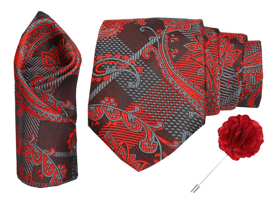 RIZORO Mens Plaid Pasiley Silk Necktie Gift Set With Pocket Square & Brooch Pin Formal Tie (AMBI6RS, Free Size)