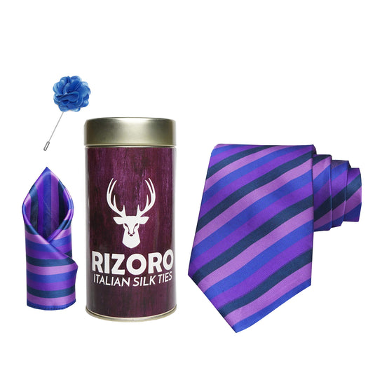 RIZORO Mens Plaid Stripped Silk Necktie Gift Set With Pocket Square & Brooch Pin Formal Tie Combo (STRIPM2RT, Free Size)