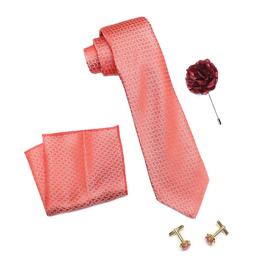 Axlon Men's Micro Polyester Necktie Set with Pocket Square, Brooch Pin and Cufflinks (Pink, Free Size)