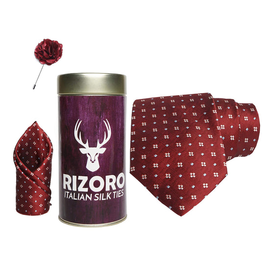 RIZORO Mens Plaid Dotted Silk Necktie Gift Set With Pocket Square & Brooch Pin Formal Tie Combo (4D1RT, Free Size)