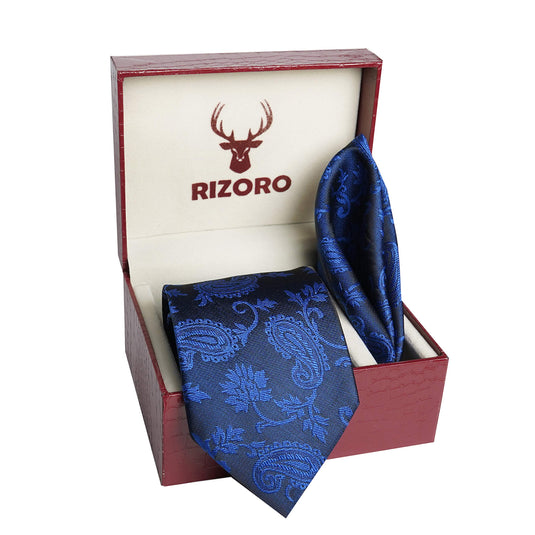 RIZORO Mens Plaid Pasiley Silk Necktie Tie Gift Set With Pocket Square & Brooch Pin Formal Tie Set (214AMBRS, Free Size)