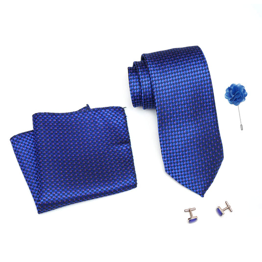 RIZORO Mens Plaid Dotted Silk Necktie Tie Gift Set With Pocket Square, Cufflinks & Brooch Pin Formal Tie With Leatherite Box (A14RB, Free Size)