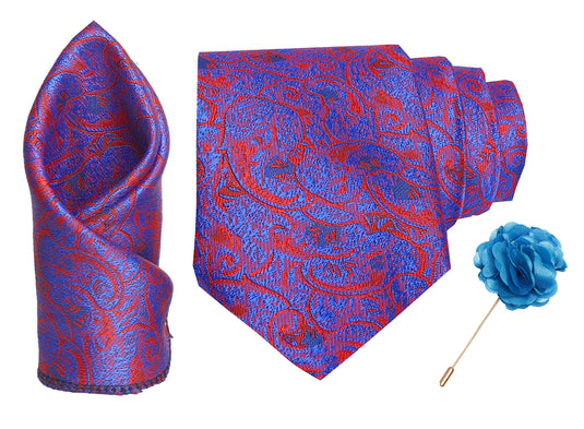 RIZORO Men Paisley Micro Fibre Necktie Gift Set With Pocket Square & Brooch Pin Formal Tie (Turquoise PARTRRS Free Size)