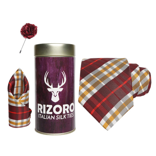 RIZORO Mens Plaid Checkered Silk Necktie Gift Set With Pocket Square & Brooch Pin Formal Tie Combo (BURRT, Free Size)