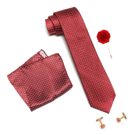 Axlon Men's Micro Polyester Dotted Necktie Set with Pocket Square, Brooch Pin and Cufflinks (Red, Free Size)