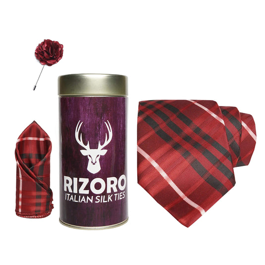 RIZORO Mens Plaid Checkered Silk Necktie Gift Set With Pocket Square & Brooch Pin Formal Tie Combo (BURRT, Free Size)