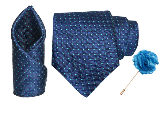 RIZORO Men Paisley Micro Fibre Necktie Gift Set With Pocket Square & Brooch Pin Formal Tie (Blue AMBI5BLRS Free Size)