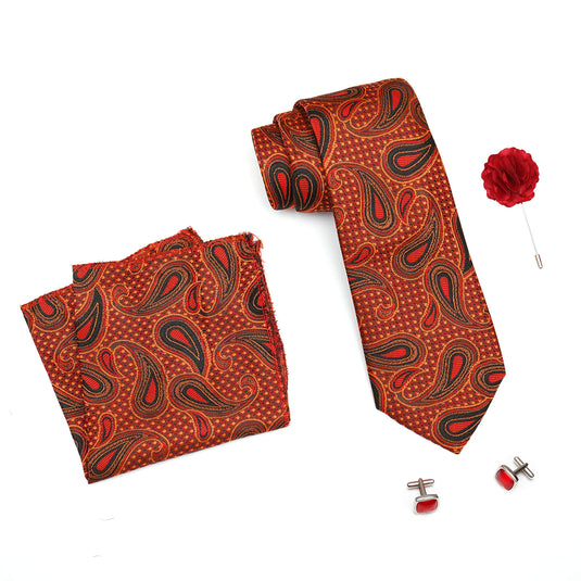 RIZORO Mens Plaid Pasiley Silk Necktie Tie Gift Set With Pocket Square, Cufflinks & Brooch Pin Formal Tie With Leatherite Box (AMBI3RB, Free Size)