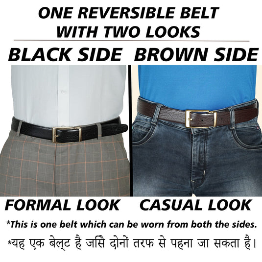 Rizoro Reversible Formal Pu Leather Belt For Men with Gold Alloy Buckle (Color- Black/Brown | 50 Inches Length Waist - 44 Inches)