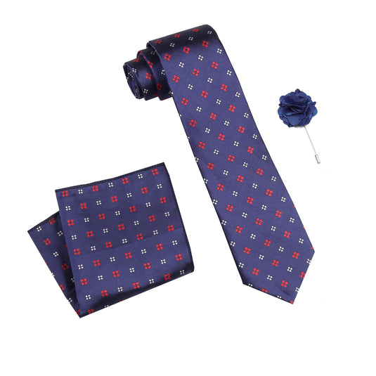 RIZORO Mens Plaid Dotted Silk Necktie Tie Gift Set With Pocket Square & Brooch Pin Formal Tie Set (4D3RS, Free Size)